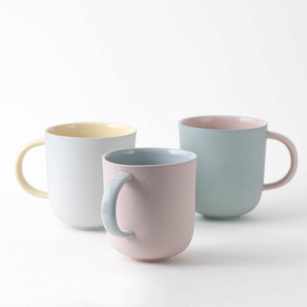 mug-trio-pink-blue-yellow-sage colorful minimal mugs