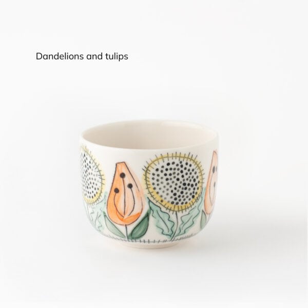 Swedish-Summer-color-dandelion-tulip cup with dandelions and tulips