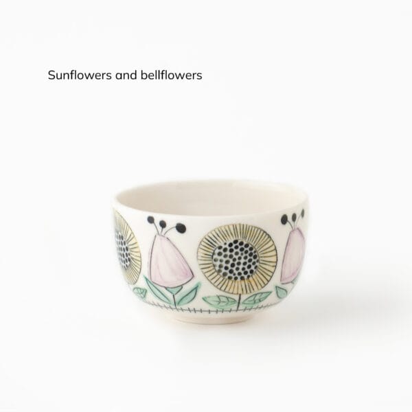 Swedish-summer-mini-sunflowers-bellflowers small cup with sunflowers