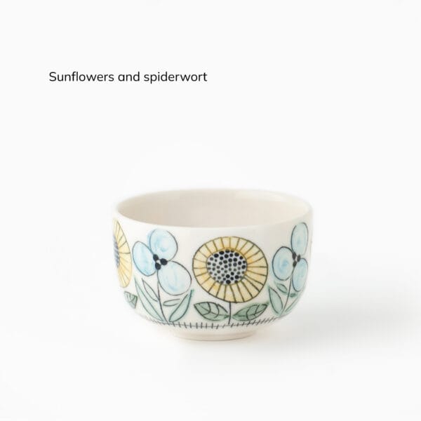 Swedish-summer-mini-sunflowers-spiderwort mini cup with sunflowers